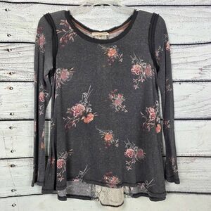Rewind Charcoal Floral Lace Back Long Sleeve Top Small